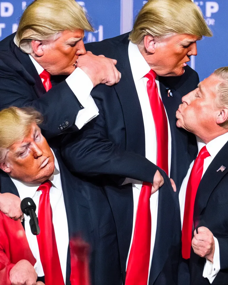 Image similar to high quality photo of a beautiful donald trump kissing donald trump. donald trump kissing donald trump. donald trump kissing donald trump. donald trump and donald trump kissing. award winning. romantic. beautiful hq. hd. brilliant. funny