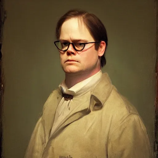 Image similar to portrait of dwight schrute at a halloween party, as painted by augustus edwin mulready and hendrik kerstens