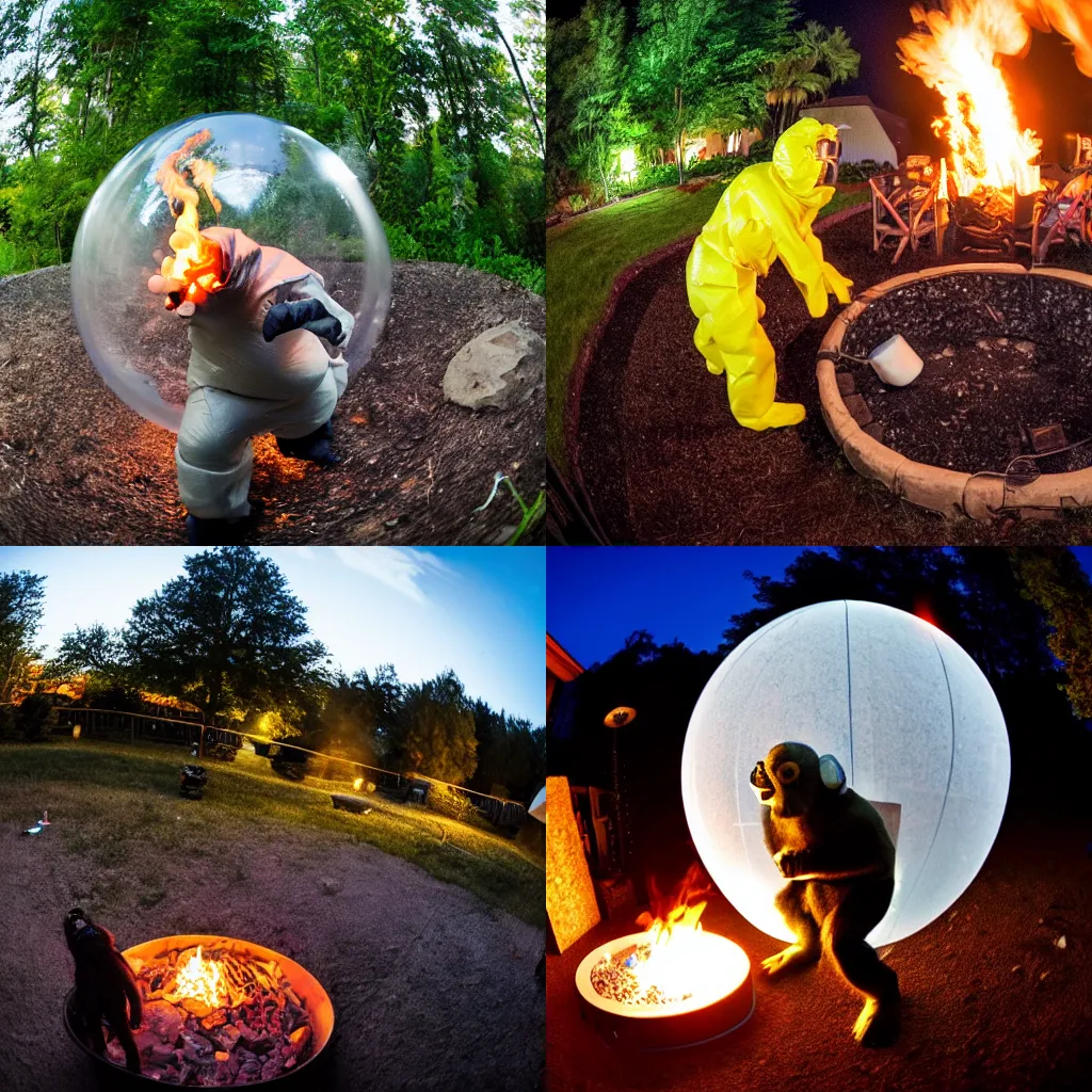 Prompt: Ape in hazmat suit drops a plastic globe in outdoor fire pit on a summer night. Circular fisheye photograph.