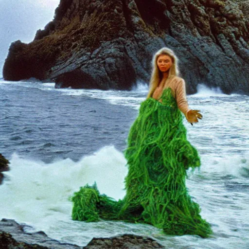 Image similar to 1 9 7 0's artistic spaghetti western movie in color, a woman in a giant billowy wide flowing waving dress made out of sea foam, standing inside a green mossy irish rocky scenic landscape, crashing waves and sea foam, volumetric lighting, backlit, moody, atmospheric