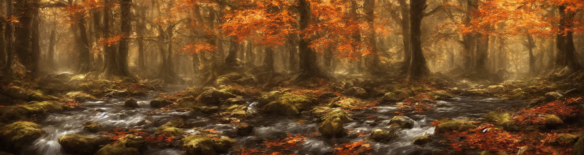 Image similar to stream flowing through autumnal forest, d & d, fantasy, portrait, highly detailed, digital painting, trending on artstation, concept art, sharp focus, illustration, art by artgerm and greg rutkowski and magali villeneuve