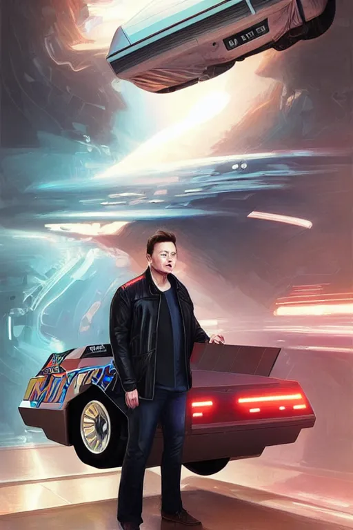 Image similar to elon musk as marty mcfly near cybertruck, realistic portrait, symmetrical, highly detailed, digital painting, artstation, concept art, smooth, sharp focus, illustration, cinematic lighting, art by artgerm and greg rutkowski and alphonse mucha