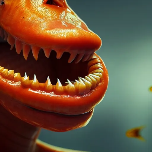 Prompt: a fish wearing human dentures, amazing, beautiful, perfect eyes, full body shot, portrait, vivid colors, elegant, concept art, sharp focus, digital art, Hyper-realistic, 4K, Unreal Engine, Highly Detailed, HD, Dramatic Lighting by Brom, trending on Artstation