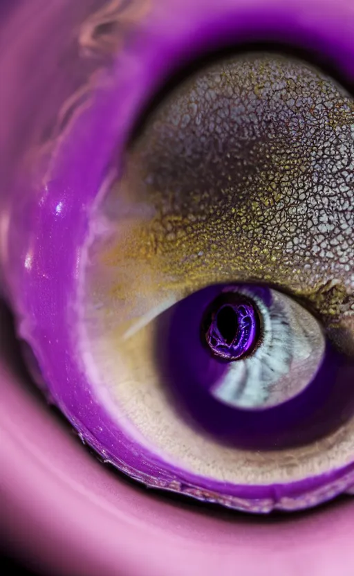 Image similar to macro shot, close-up of a purple squid eye, intricate iris, ultrarealistic, highly detailed, octane render, ray tracing