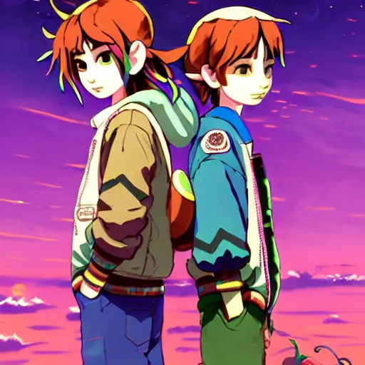 Image similar to majora majora's mask wearing oversized mayan bomber jacket with overalls, bulky poofy bomber jacket with mayan patterns, aztec street fashion, botw art style, gapmoe yandere grimdark, trending on pixiv fanbox, painted by greg rutkowski makoto shinkai takashi takeuchi studio ghibli, akihiko yoshida