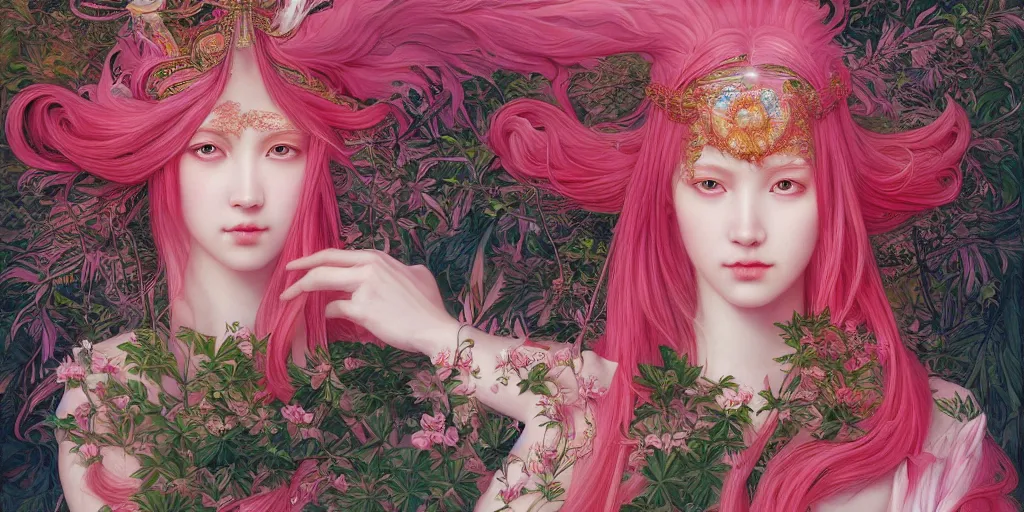 Image similar to breathtaking detailed concept art painting of the goddess of flamingo with pink hair, orthodox saint, with anxious, piercing eyes, ornate background, amalgamation of leaves and flowers, by Hsiao-Ron Cheng and John James Audubon and Miho Hirano, extremely moody lighting, 8K