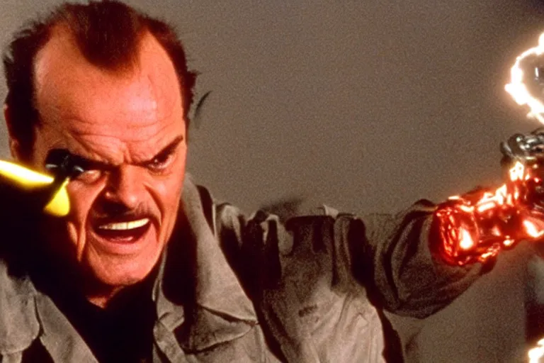 Image similar to Jack Nicholson plays Pikachu Terminator, scene where his inner endoskeleton gets exposed and his eye glows red, still from the film