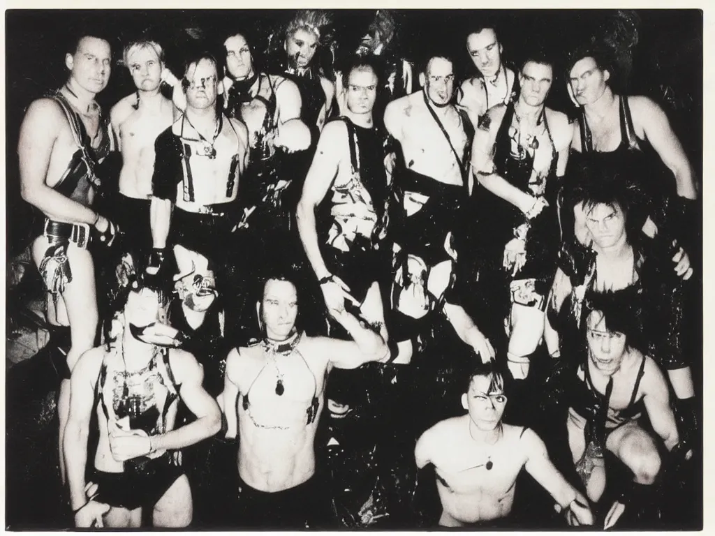 Prompt: 80s polaroid colour flash photograph of Rammstein concert