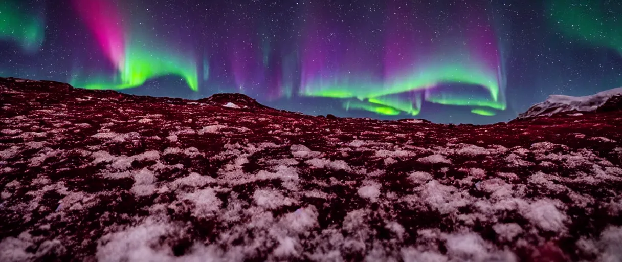 Prompt: an ground level extreme closeup movie like 3 5 mm film depth of field photograph a puddle of dark red wine under the northern lights in antarctica at night, in the style of macro photography, in the style of a 1 9 8 0 s horror film