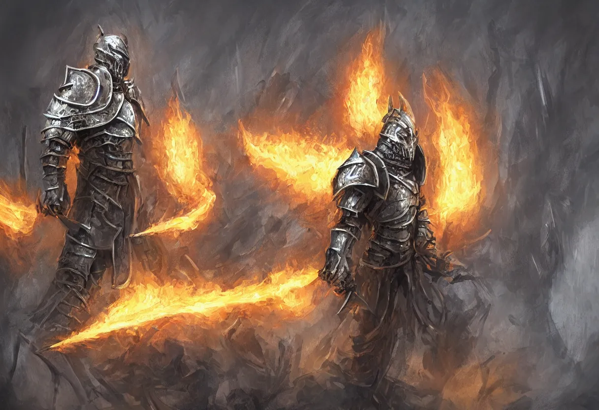 Prompt: A lone undead knight wearing silver flaming armor standing guard, concept art, dungeon and dragons, character portrait