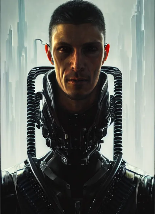 Prompt: portrait of a male cyberpunk mercenary ( tall, threatening, evil, carbon fiber ) with cybernetic implants ( futuristic transhuman cyborg ), detailed realism face in painting, detailed beautiful portrait, oil painting masterpiece, cyberpunk art, 8 k resolution, smooth, sharp focus, trending on artstation, by rembrandt