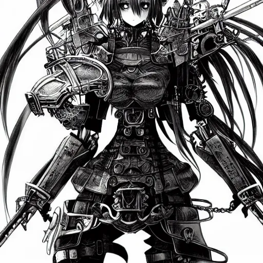 Prompt: a vertical portrait of an anime character in a scenic environment by yoshitaka amano and nihei tsutomu, black and white, dreamy, steampunk armor, highly detailed