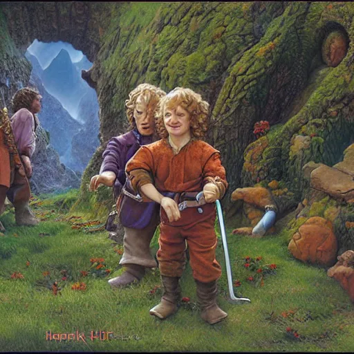 Image similar to halflings hobbits Merry and Pippin by Mark Brooks, Donato Giancola, Victor Nizovtsev, Scarlett Hooft, Graafland, Chris Moore