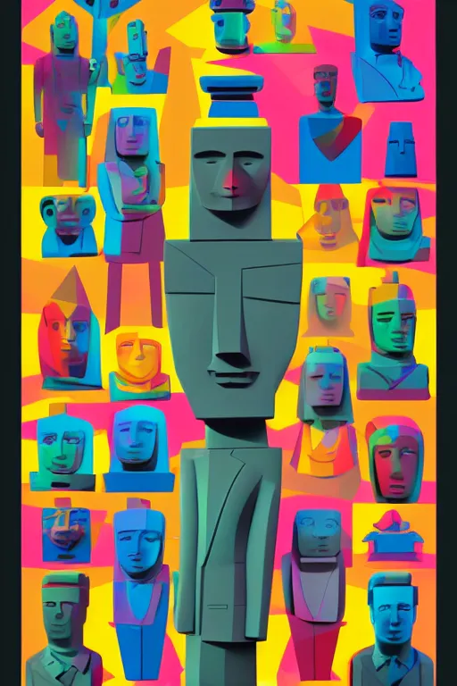 Image similar to cubist moai statue cutout digital illustration cartoon colorful beeple