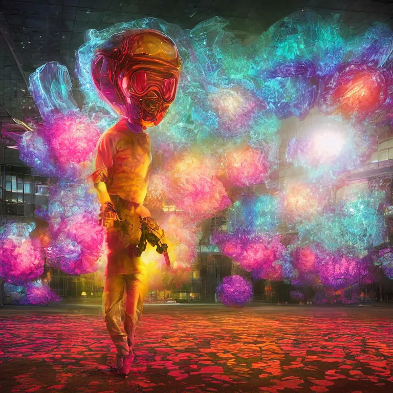 Image similar to octane render portrait by wayne barlow and carlo crivelli and glenn fabry, a giant field of colorful glowing alien flowers inside a dark and moody parking garage, cinema 4 d, ray traced lighting, very short depth of field, bokeh