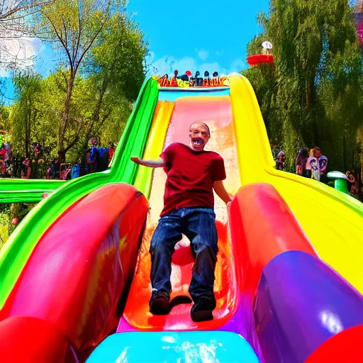 Prompt: benjamin natenyahu laughing while going down a slide in a park full of children, rich vibrant colors, warm, daytime