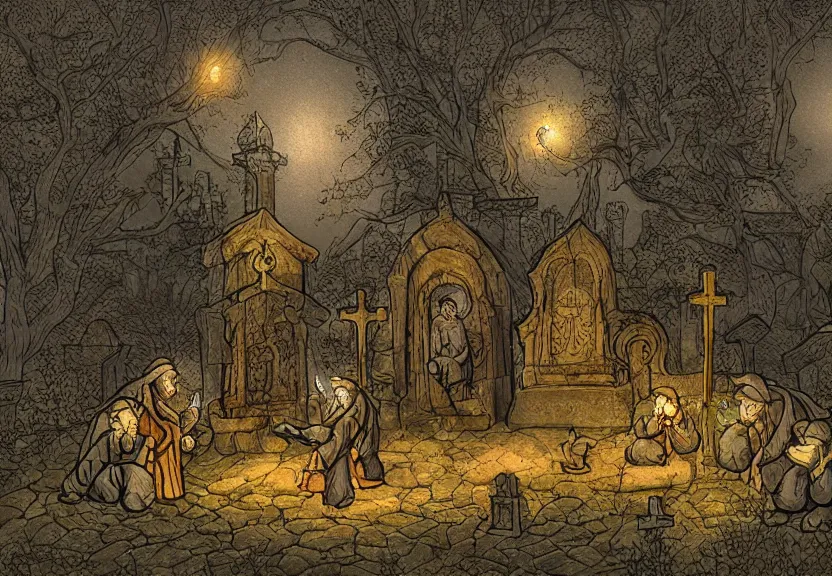 Image similar to monk possums at a medieval cemetery at night, highly detailed, digital art, isometric