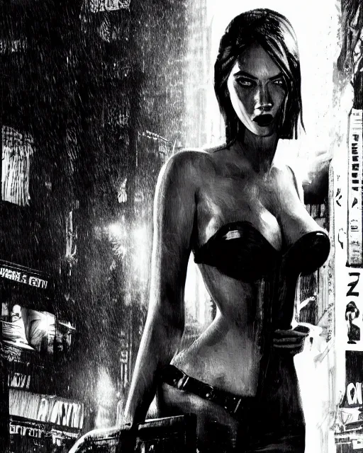 Image similar to film still from sin city, closeup portrait of megan fox private detective standing on a blade runner street corner, detailed illustration, digital art, trending on artstation, frank miller, martin ansin, comic book cover, film noir,