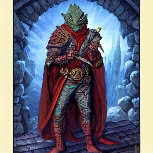 Image similar to anthro mean looking reptile warrior wearing cloak, dnd illustration by jeff easley and dan mumford, character concept trending on artstation