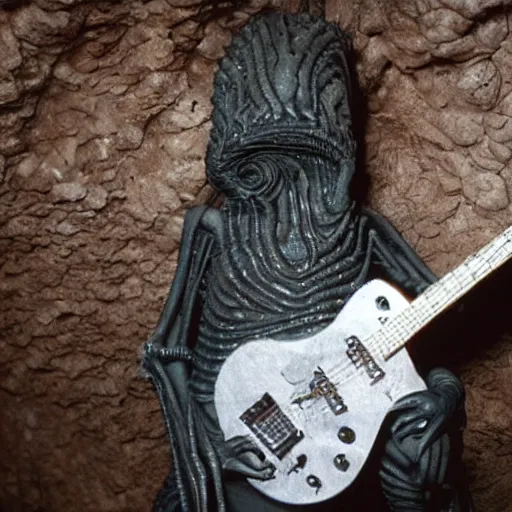 Image similar to a guitar being played by an alien in a cave in the style of H.R Giger