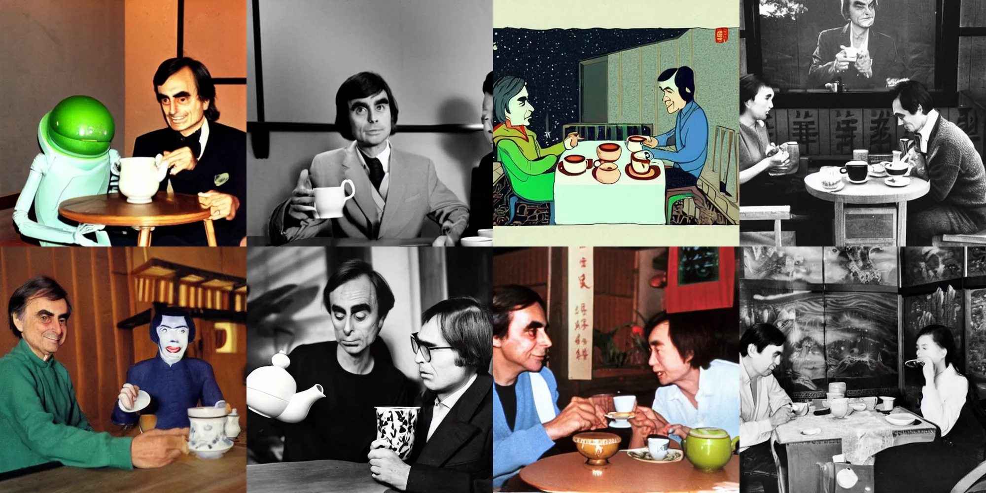 Prompt: carl sagan and alien drinking tea in a chinese tea house