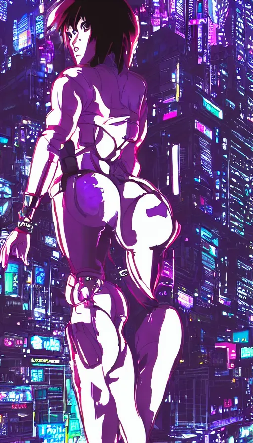 Prompt: mokoto kusanagi from ghost in the shell running in cyberpunk tokyo by night, digital hand drawing and coloring, anime style, highly detailed, neons lights
