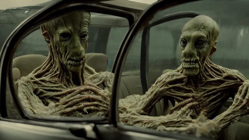 Prompt: the creature sits in a car, made of wax and metal, they look me in the eye, film still from the movie directed by Denis Villeneuve and David Cronenberg with art direction by Salvador Dalí, wide lens