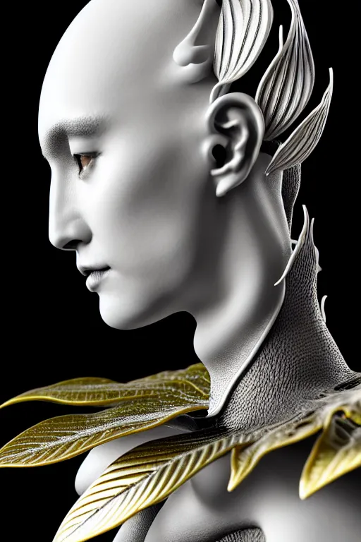 Image similar to monochrome close - up profile face, black background, beautiful young porcelain bio - mechanical vegetal - dragon - cyborg - female, white metallic armour, silver gold details, magnolia leaves and stems, roots, mandelbot fractal, 1 5 0 mm, beautiful natural soft rim light, elegant, hyper real, ultra detailed, octane render, 1 6 k