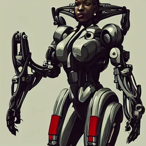 Image similar to a mecha version of an african woman with dreadlocks, with a septum nose ring piercing, very symmetrical, highly detailed, by vitaly bulgarov, by joss nizzi, by ben procter, by steve jung, concept art, quintessa, metal gear solid, transformers cinematic universe, concept art world, pinterest, artstation, unreal engine