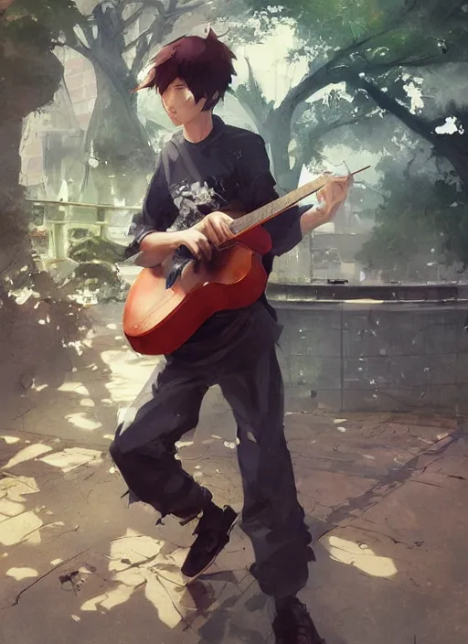 Prompt: semi reallistic gouache gesture painting, by miura kentaro, by ruan jia, by Conrad roset, by dofus online artists, detailed anime 3d portrait a boy playing music on a park, cgsociety, artstation, rococo mechanical, Digital reality, realistical, dieselpunk atmosphere, gesture drawn