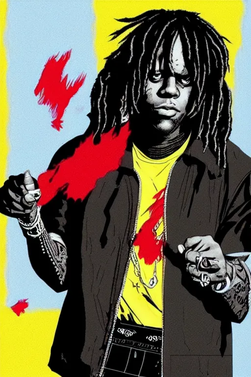 Image similar to rapper chief keef with bloods bandana, chris bachalo comic art, pop art, no duplicate image, pixel art, ultra details, ultra realistic, digital painting, artstation, concept art, smooth, sharp focus, identical, illustration, intecrate details, art by richard hamilton and mimmo rottela, pixels art by kirokaze and paul robertson