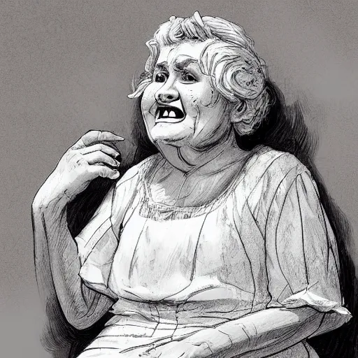 Image similar to of a very funny ambient occlusion render. a sweet fat old woman is in love with her self. flowery dress. symmetrical face, red mouth, blue eyes. deep focus, lovely scene. ambient occlusion render. concept art. unreal engine. pencil and ink. goya painting style.