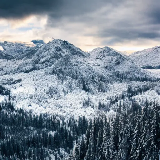 Image similar to cinematic view of mountains, snow, clouds, 8K