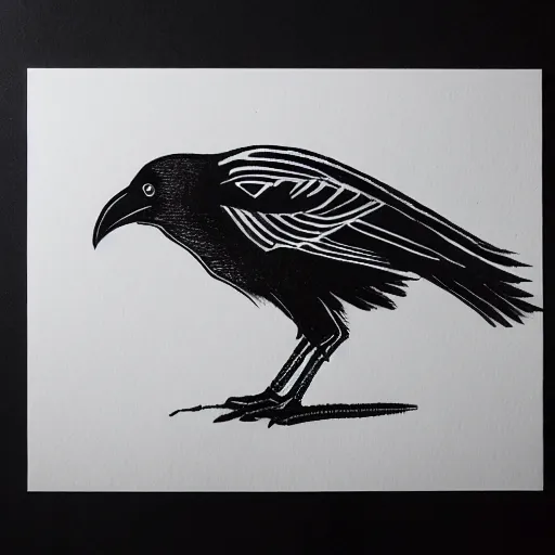 Image similar to crow, smooth clean block print, 4k, black ink on white paper