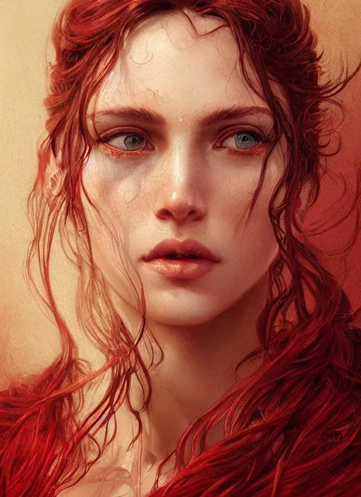 Image similar to vertical portrait of a ruggedly handsome female cleric, soft hair, close - up face, leather, witchy, d & d, fantasy, intricate, elegant, highly detailed, digital painting, artstation, concept art, smooth, sharp focus, illustration, art by artgerm and greg rutkowski and alphonse mucha, plain red background