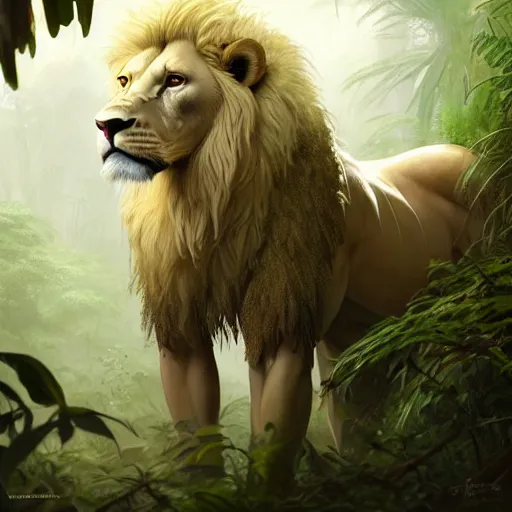 Image similar to commission portrait of a male anthro albino lion,dressed in jungle clothes,goung through a jungle.,dramatic,character design by charles bowater,greg rutkowski,ross tran,hyperdetailed,hyperrealistic,4k,deviantart,artstation,professional photography,concept art