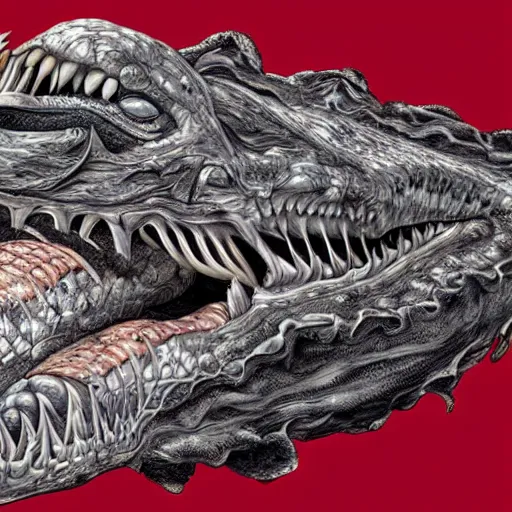 Prompt: digital art, a dissected crocodile with skin of water, muscles of fire and bones of aluminum