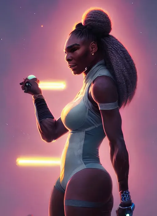 Image similar to highly detailed portrait of cyberpunk serena williams in sci - fi tennis armor, unreal engine, fantasy art by greg rutkowski, loish, rhads, ferdinand knab, makoto shinkai and lois van baarle, ilya kuvshinov, rossdraws, tom bagshaw, global illumination, radiant light, detailed and intricate environment