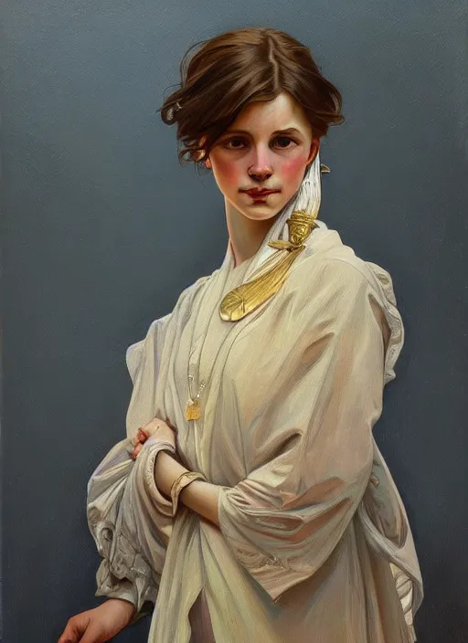 Prompt: oil portrait of madeleine petsch, intricate, elegant, highly detailed, lighting, painting, artstation, smooth, illustration, art by greg rutowski and alphonse mucha