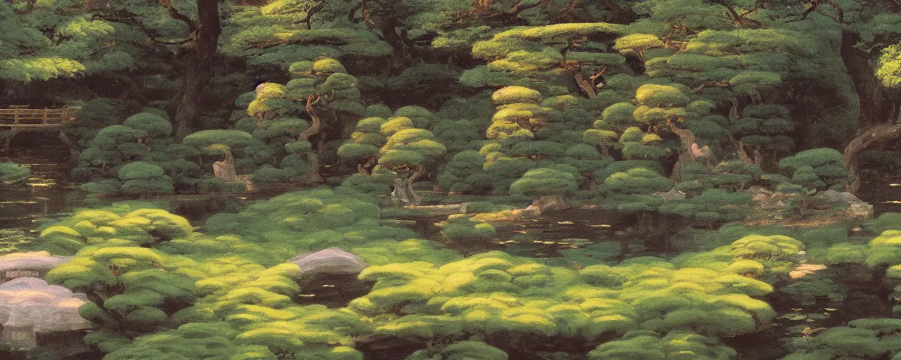 Prompt: ghibli illustrated background of a japanese zen garden by eugene von guerard, ivan shishkin, john singer sargent, 4 k