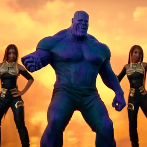 Image similar to thanos in a rap video with female backup dancers, he's wearing gold chains and hammer - pants