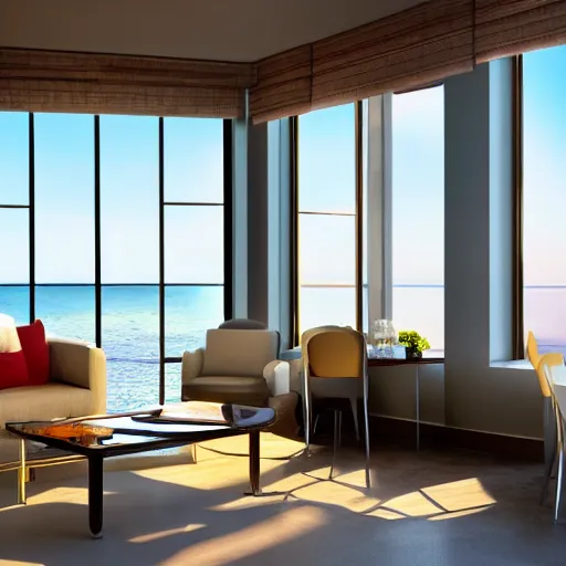 Image similar to modern hotel interior design, living room with window facing the sea and sun, photorealistic, ultra-detailed, 4k high resolution, HDR shot