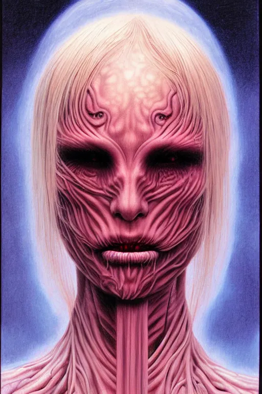 Image similar to female demon in the wild nature, dressed, blonde hair, symmetry, sci - fi, dark fantasy, by wayne barlowe