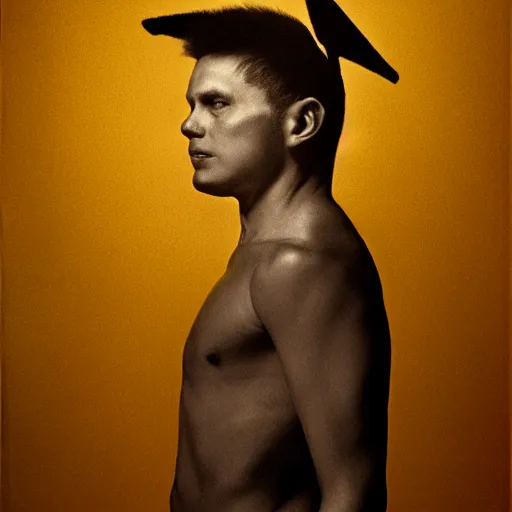 Image similar to portrait of pikachu - human hybrid, by annie leibovitz, portrait of a man, studio lighting