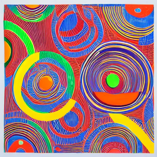 Image similar to rubber duck painting in the style of frank stella, concentric circles, geometric, evenly spaced, minimalist, very colorful