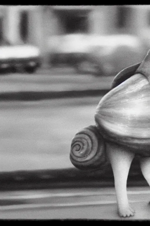 Image similar to still from vhs!! footage of snail!! cryptid walking down street