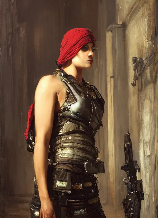 Image similar to Chidi. beautiful cyberpunk mercenary wearing military vest. Iranian orientalist portrait by john william waterhouse and Edwin Longsden Long and Theodore Ralli and Nasreddine Dinet, oil on canvas. Cinematic, hyper realism, dramatic lighting, high detail 4k