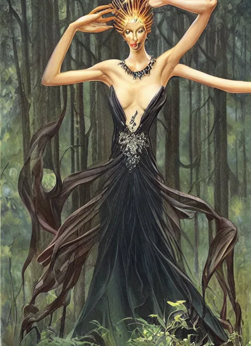 Prompt: slender sylph queen, black iron crown, diamond shimmering dress, strong line, deep color, forest, beautiful! coherent! by boris vallejo, by brom