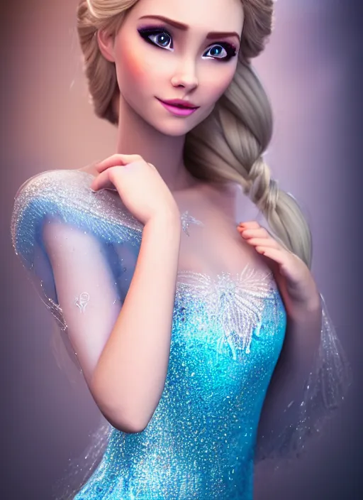 Image similar to gorgeous female elsa, professionally retouched, natural colors, soft lighting, hyper realistic, smooth face, full body shot, torso, dress, perfect eyes, sharp focus on eyes, 8 k, high definition, insanely detailed, intricate, elegant, digital photo, dslr