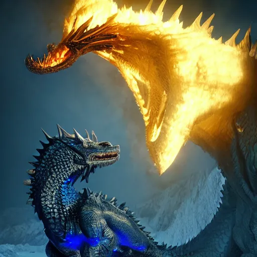 Image similar to perfectly accurate cobalt colored dragon from game of thrones breathing fire in winter, fine detail, lifelike, photo, high resolution, octane render, post processing, after effects, trending on artstation